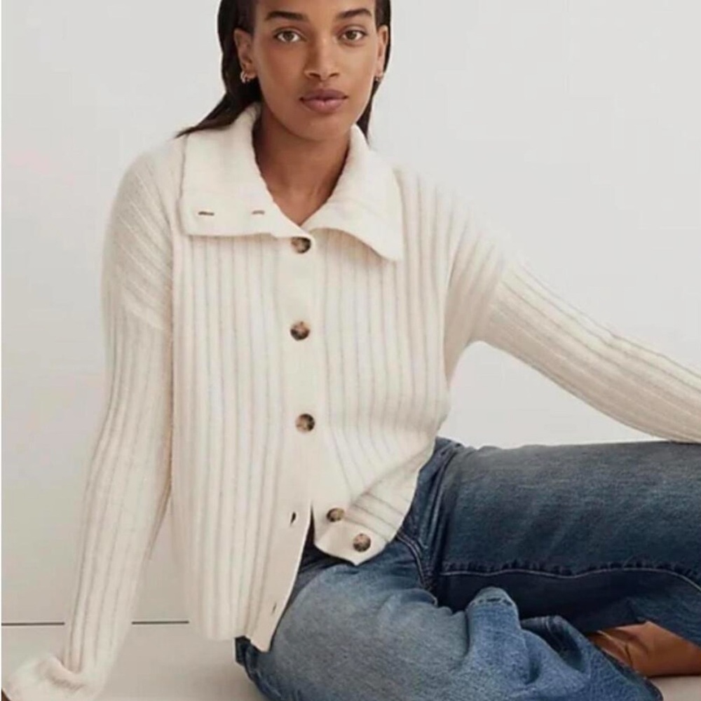Madewell Cream Button-Up Ribbed Sweater - Picture 2 of 5